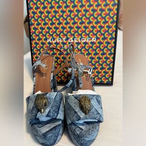 Kurt Geiger Kensington Platform Denim Blue Sandals with Gold Accents